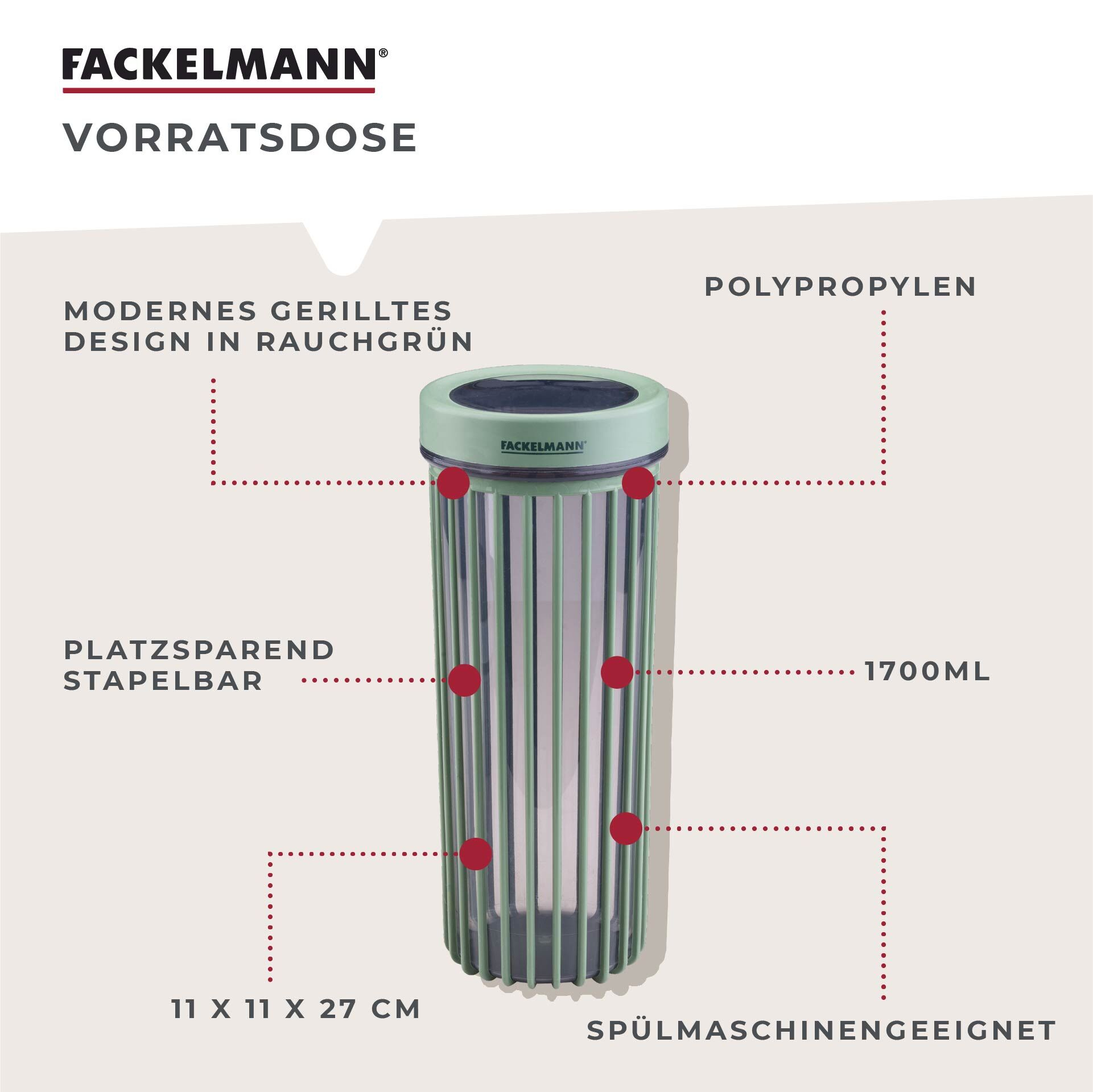 Boîte Fackelmann vert fumé. 1700ml, 11x11x27cm, empilable, lavable au lave-vaisselle.