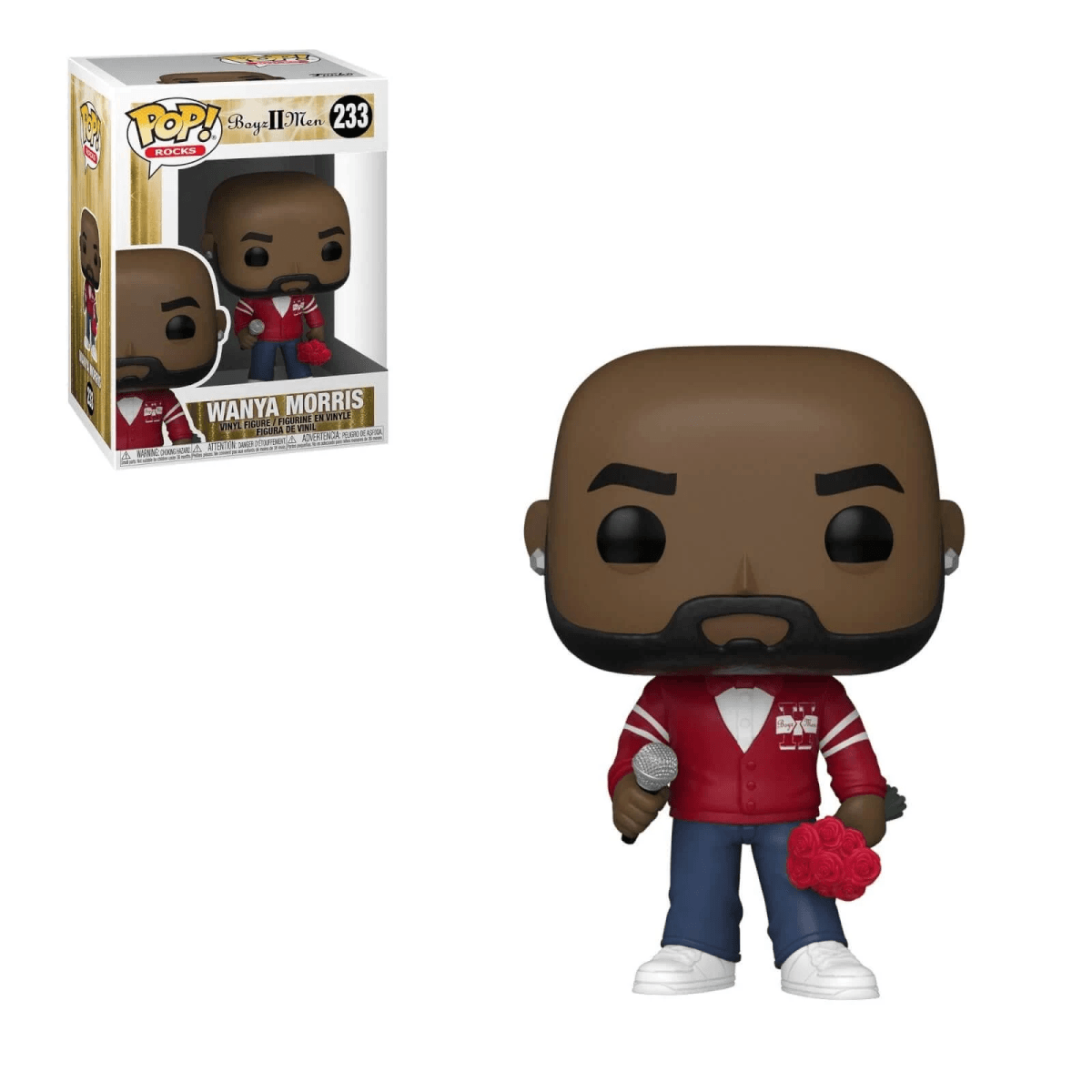 Funko Pop von Wanya Morris von Boyz II Men, Mikrofon und Rosen haltend.