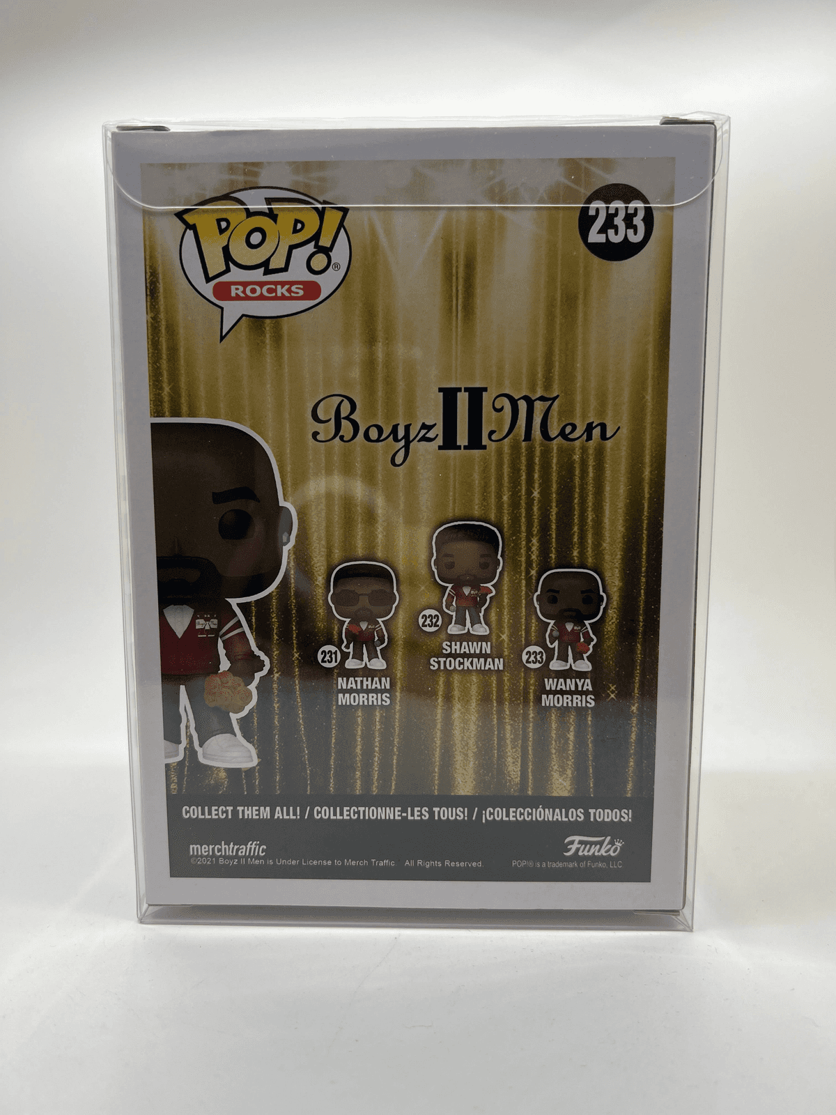 Funko Pop! Box zeigt Boyz II Men Figuren: Nathan, Shawn, Wanya Morris. Goldhintergrund.