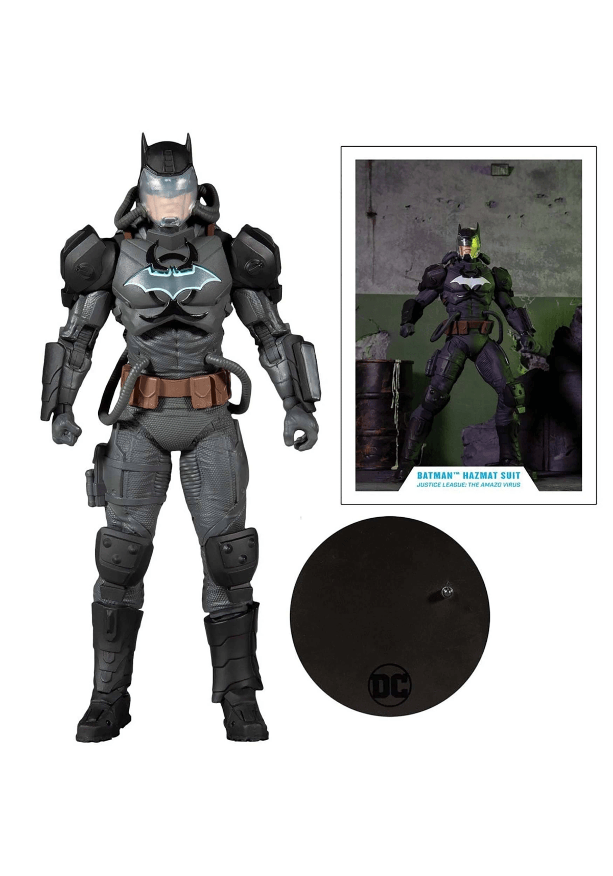 Batman con traje NBQ gris, símbolo de murciélago azul y casco.
