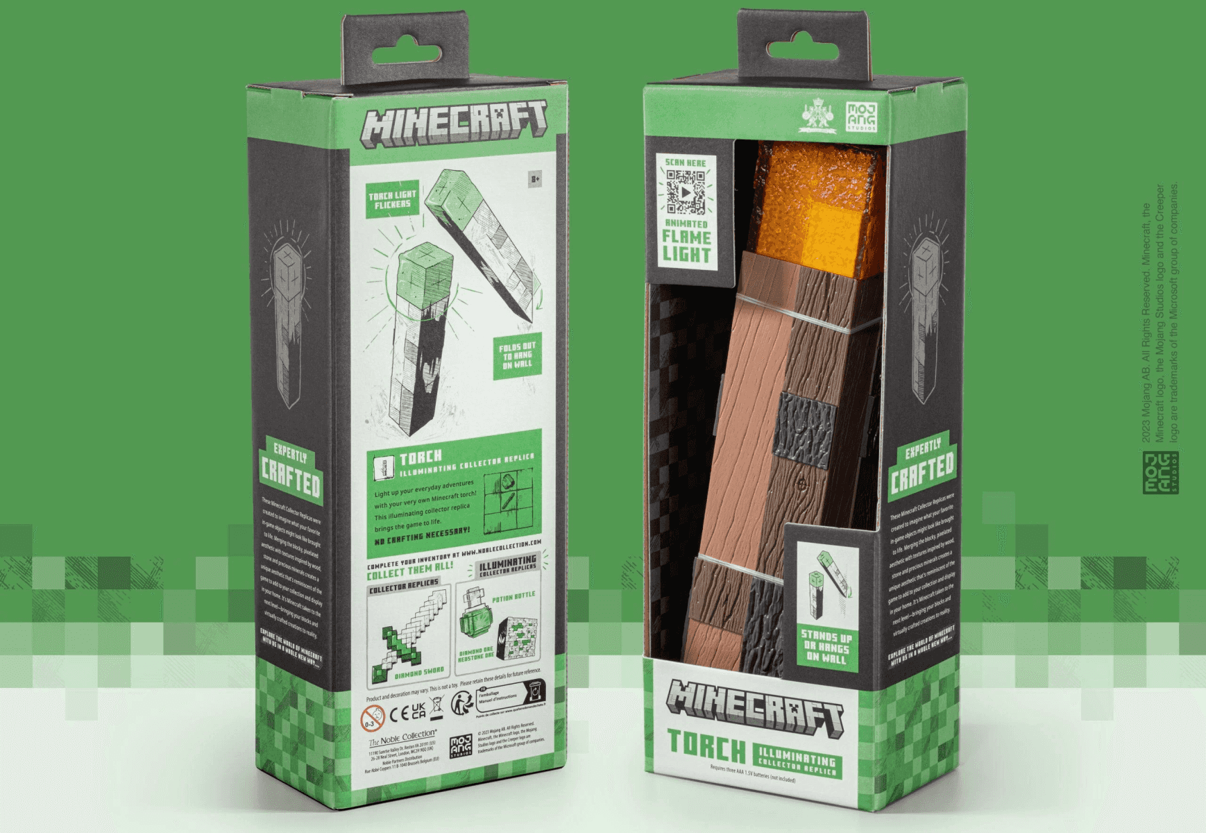 Réplica de antorcha de Minecraft en empaque, con veta de madera y luz de llama.