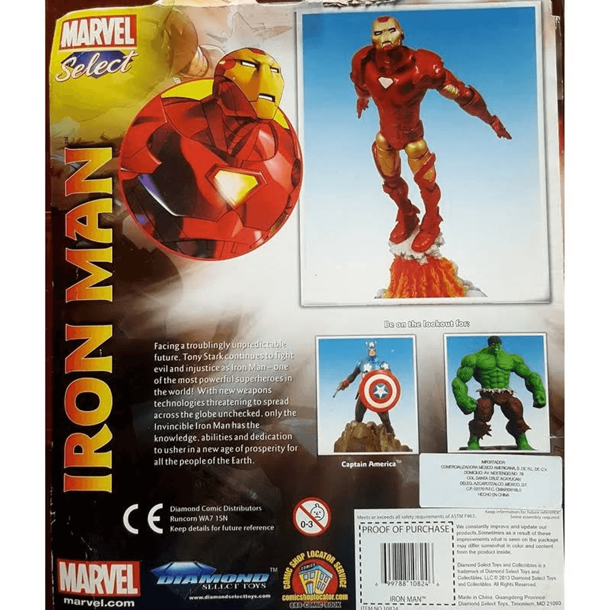 Parte trasera del empaque de Iron Man mostrando figuras de Iron Man, Capitán América y Hulk.