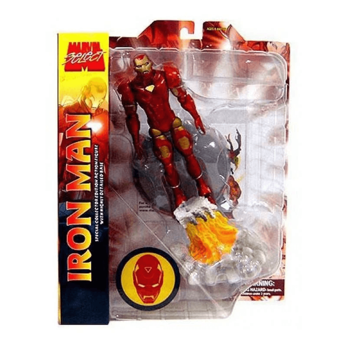 Figura de acción de Iron Man en traje rojo con detalles dorados, volando con llamas en las botas.
