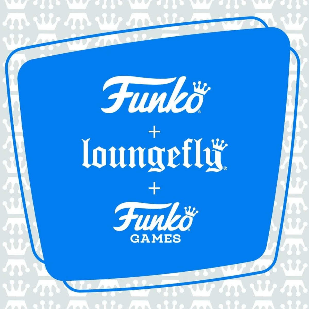 Funko + Loungefly + Funko GAMES Logos auf blauem Hintergrund mit Kronenmuster.