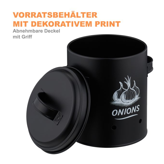 Schwarzer Vorratsbehälter mit Deckel, Aufschrift 'Onions' und Zwiebel-Illustration.