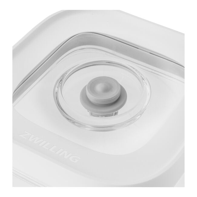 Primer plano de una válvula de vacío en un recipiente blanco con logo ZWILLING.