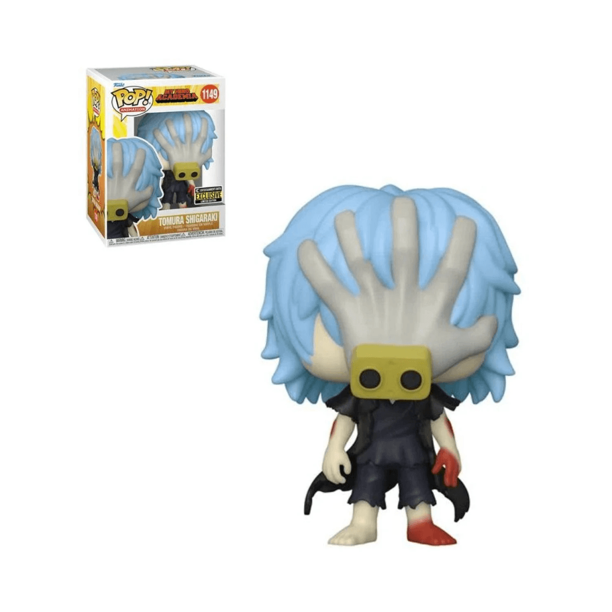 Un juguete Funko Pop! de Tomura Shigaraki con pelo azul, mano en la cara y máscara amarilla.