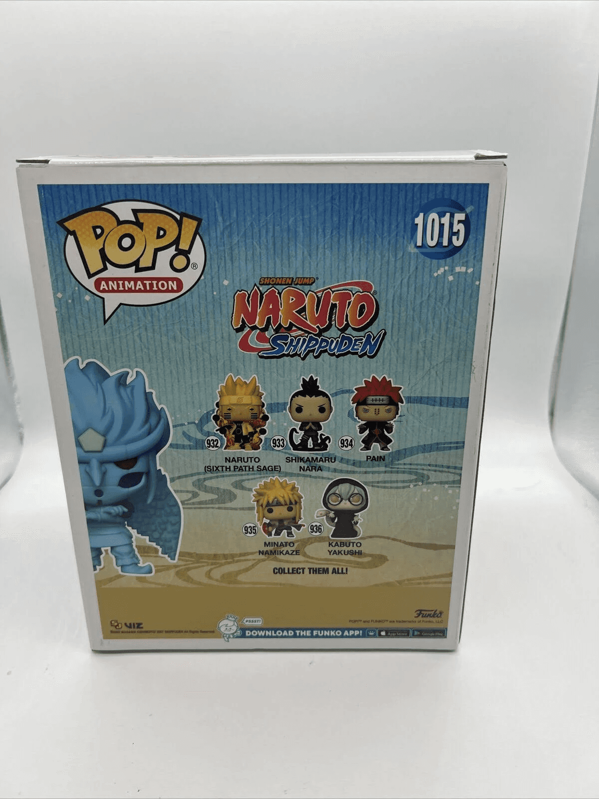 Caja Funko Pop! Naruto Shippuden mostrando 6 figuras: Naruto, Shikamaru, Pain, Minato, Kabuto.