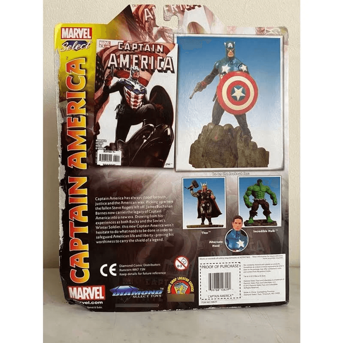 Captain America-Spielzeugverpackung mit Comic-Cover, Actionfigur und Zubehörabbildungen.