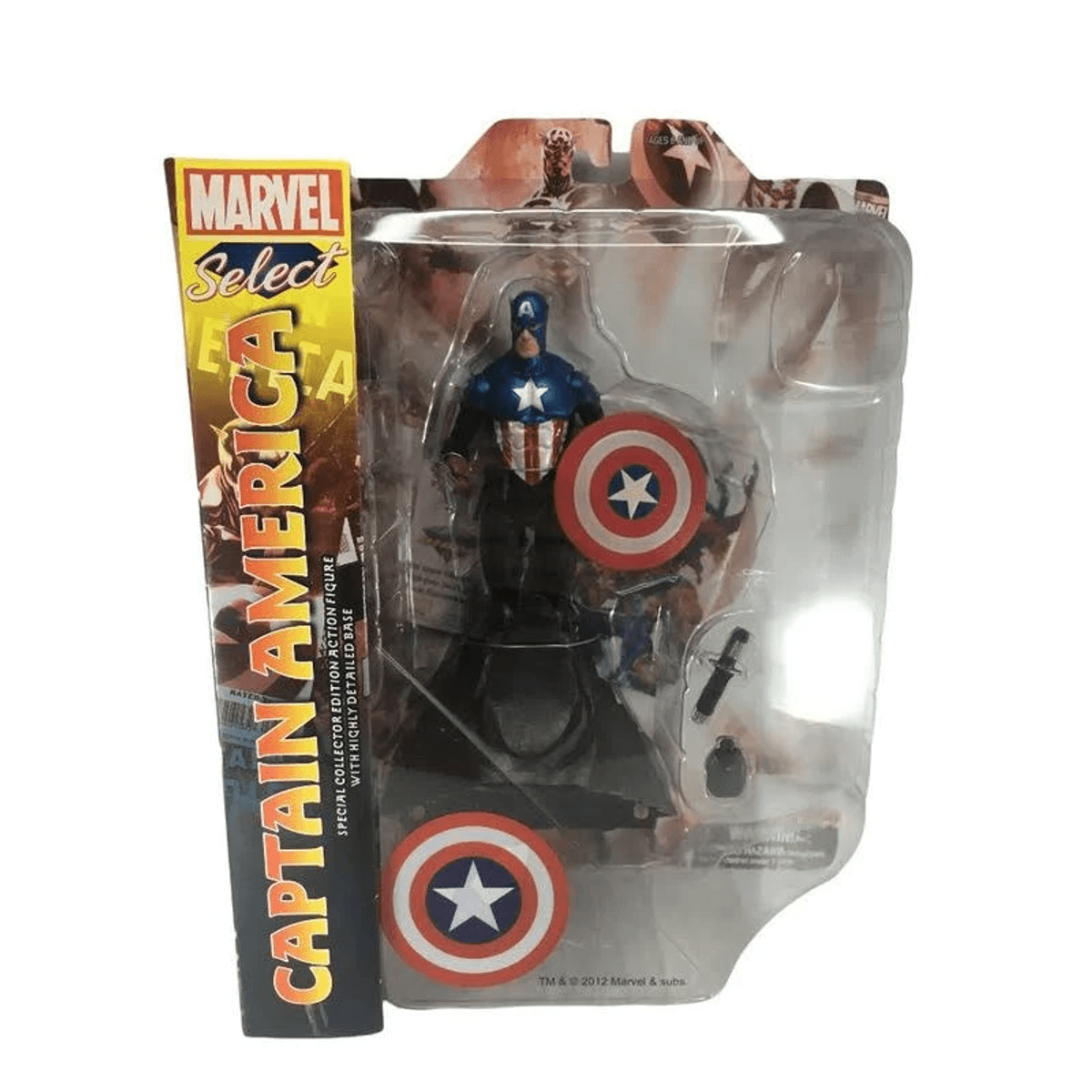 Captain America Actionfigur in Verpackung, mit Schild und Schwert.