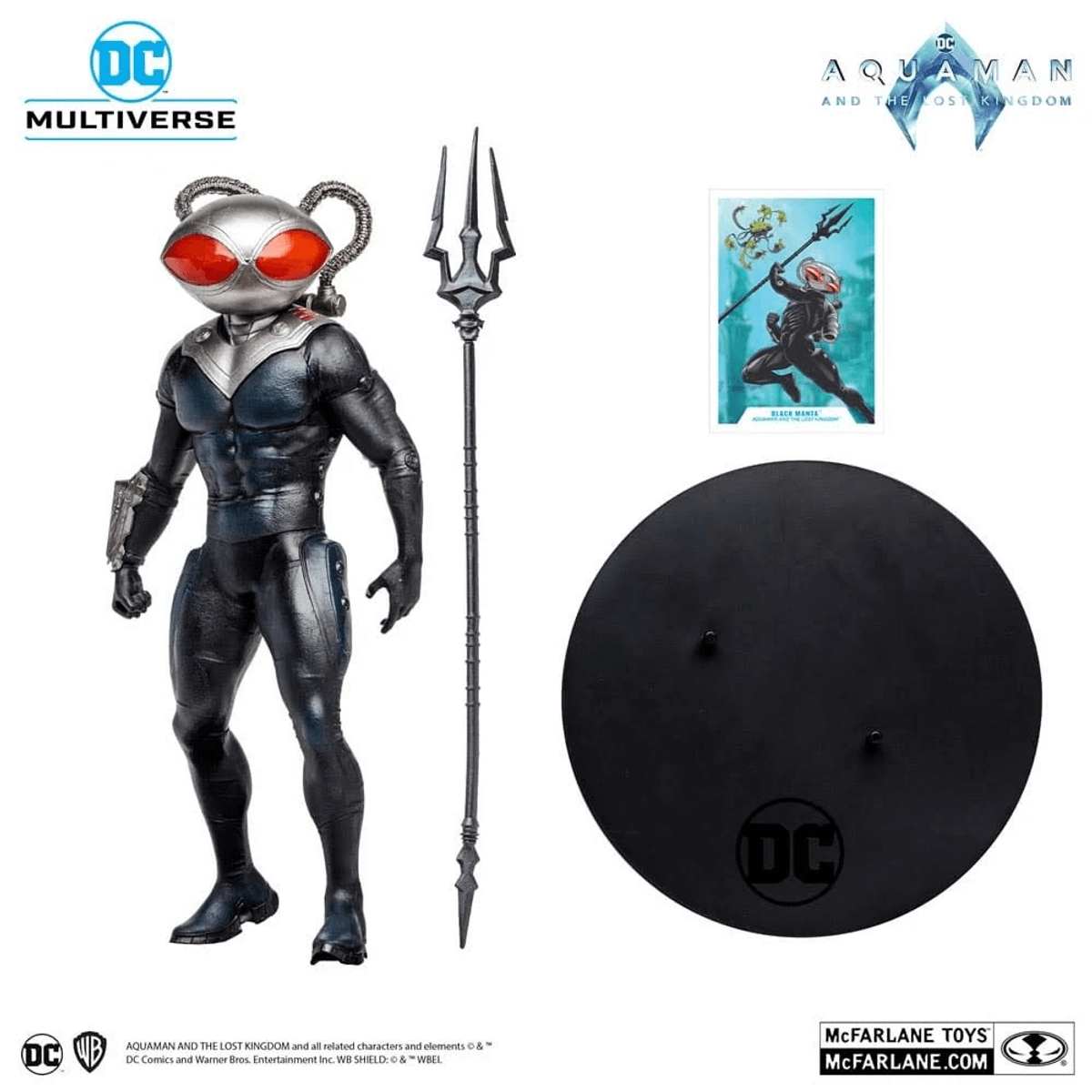 Figura de Black Manta con tridente, carta y peana.