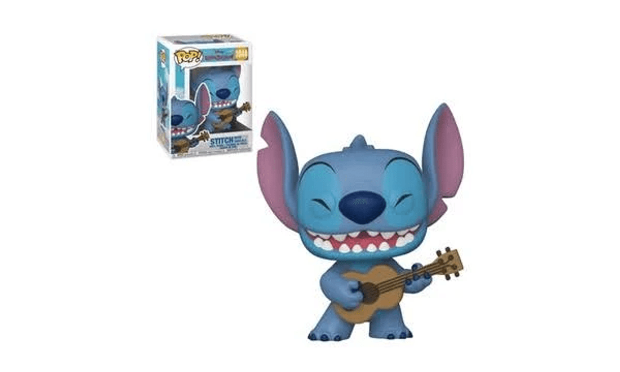 Figura Funko Pop azul de Stitch tocando guitarra, con caja al fondo.