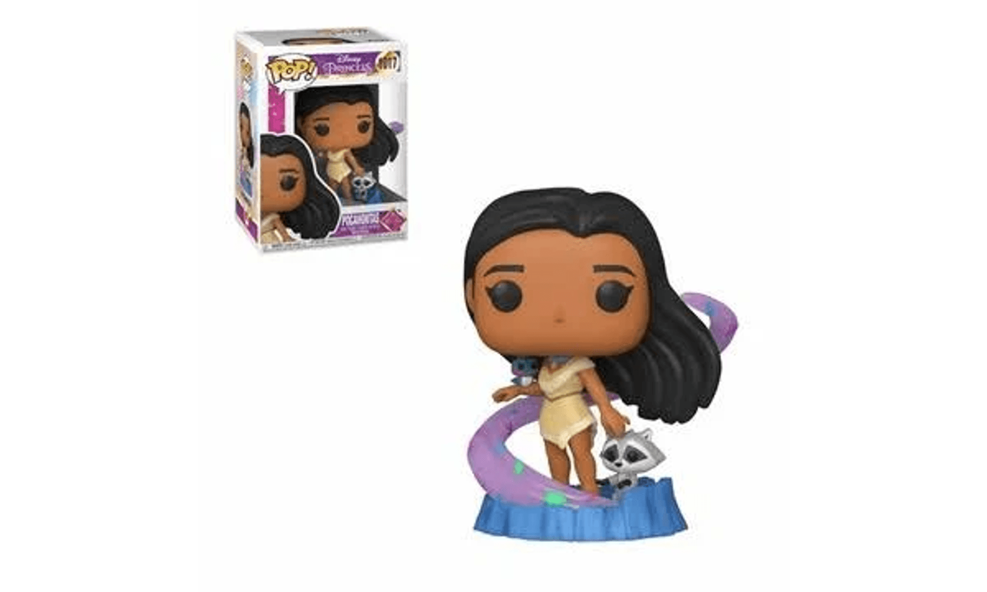 Figura Funko Pop! de Pocahontas con mapache y pájaro, en caja.