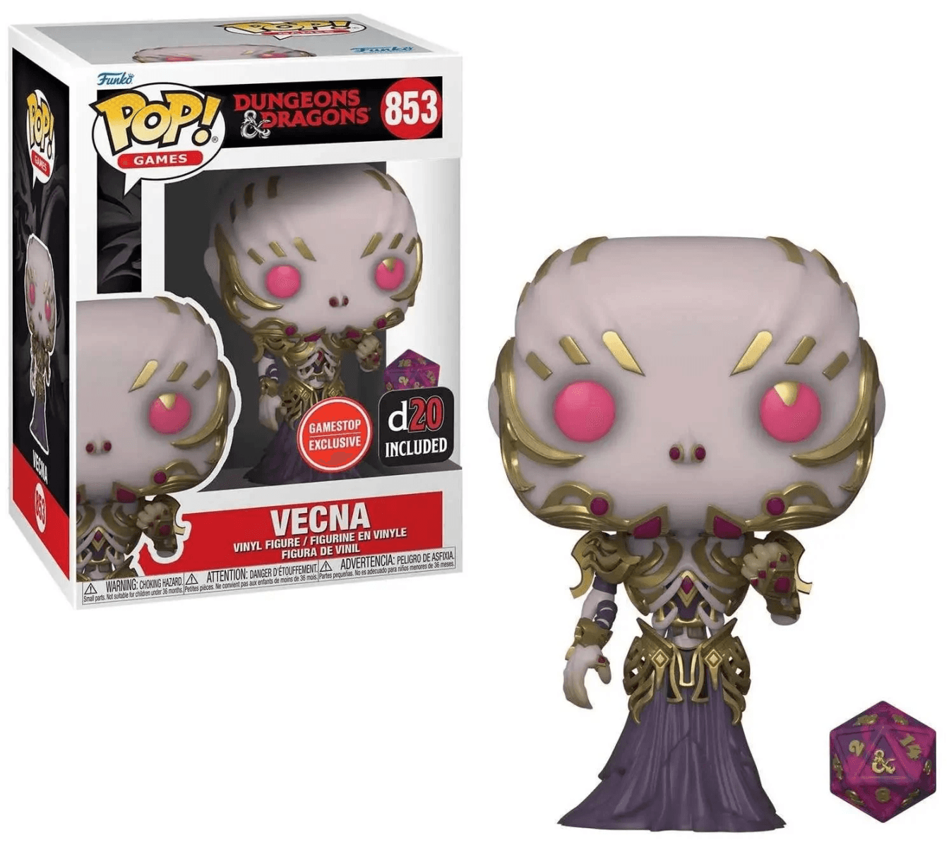Action figure Funko Pop! in vinile di Vecna da D&D, con dado d20 e scatola.