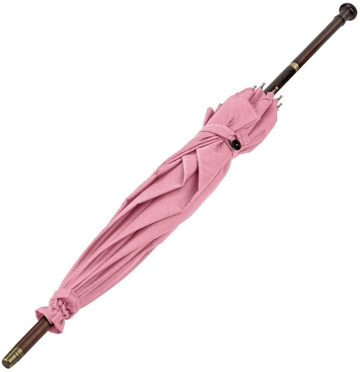Un paraguas rosa cerrado con mango de madera y punta dorada.