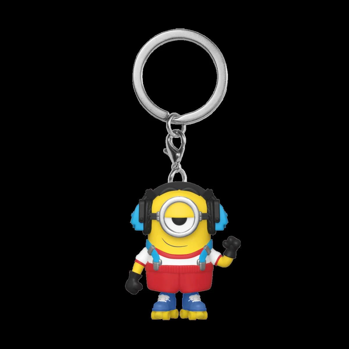 Llavero de Minion con auriculares y patines, saludando con la mano.