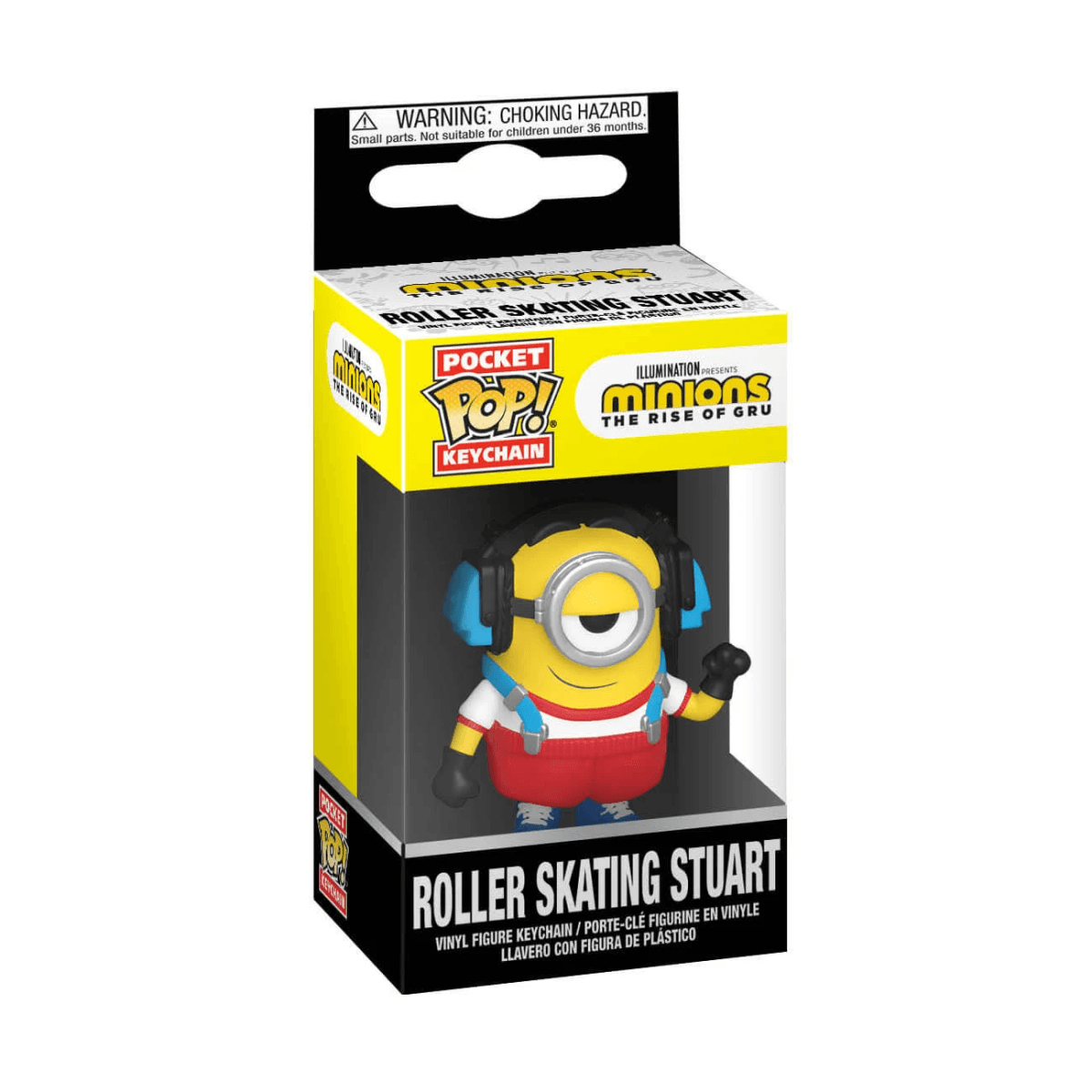 Llavero Funko Pop Roller Skating Stuart en caja. Minion amarillo lleva auriculares, peto rojo.