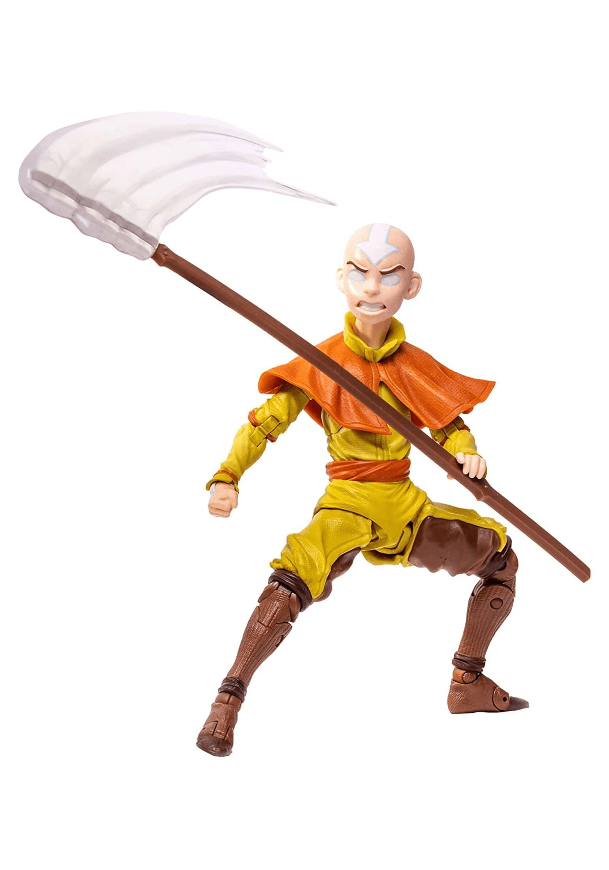 Figura de acción de Aang con flecha en la frente, sosteniendo un bastón con abanico blanco.