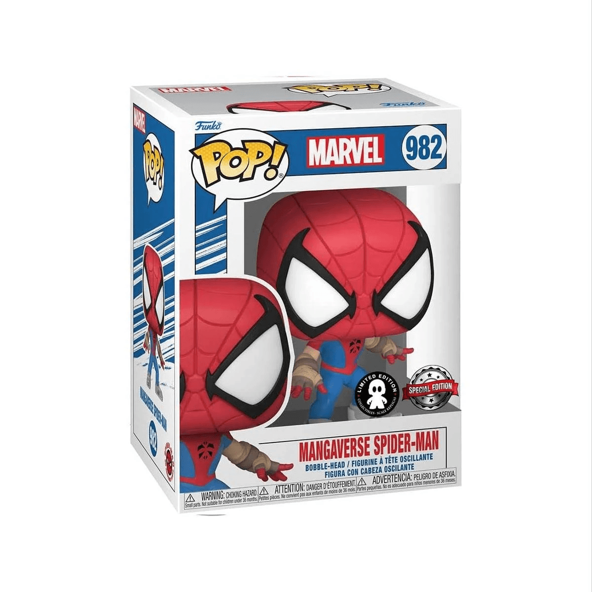 Figura Funko Pop! Mangoverse Spider-Man en caja con logo de Marvel y número 982.