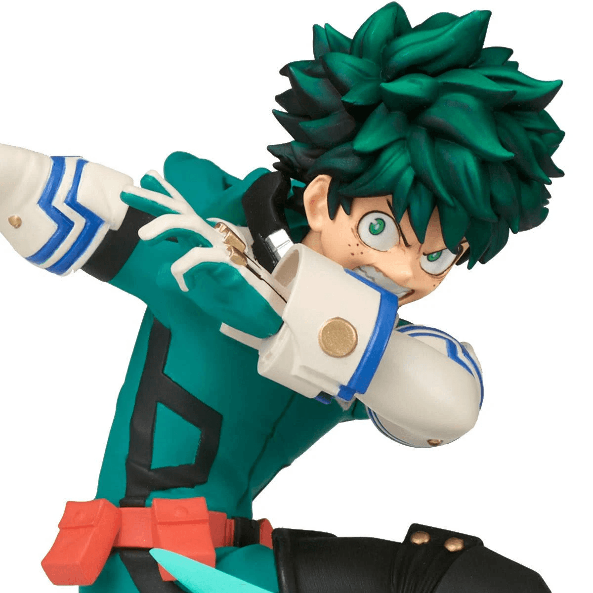 Una figura de anime con traje verde, acentos blancos y azules, en pose de lucha.