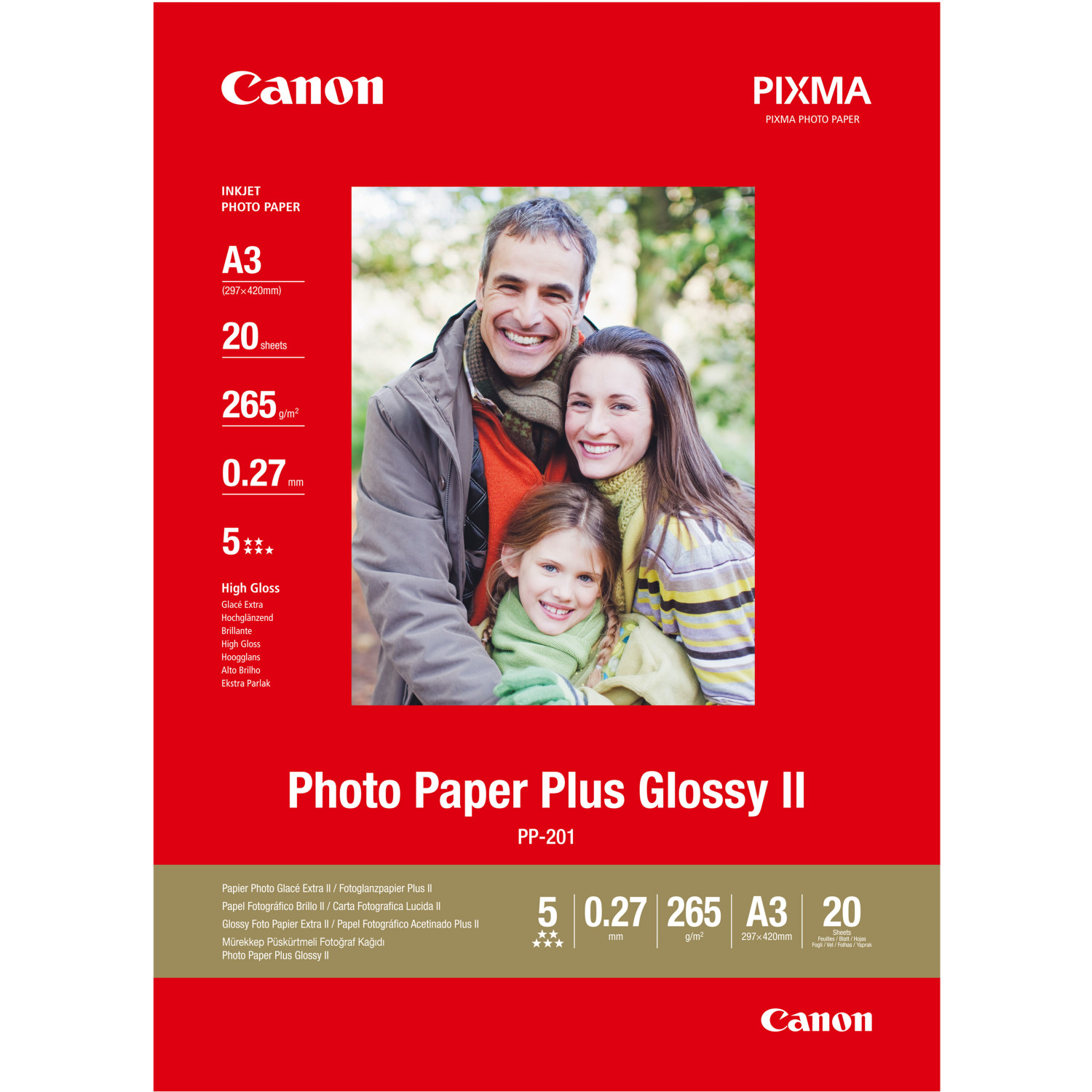 Confezione Canon Photo Paper Plus Glossy II con famiglia, A3, 20 fogli, 265g/m², 0.27mm.