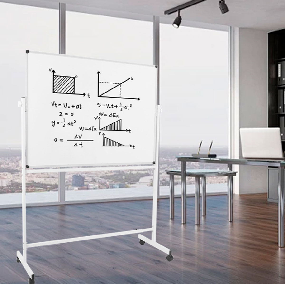 Whiteboard mit Physikgleichungen und Grafiken auf Rädern in einem modernen Büro.