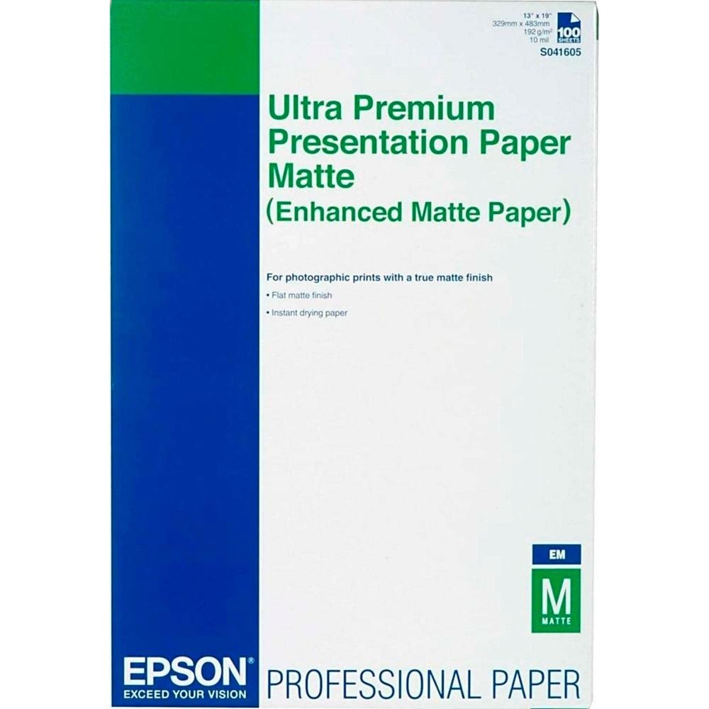 Confezione carta Epson Ultra Premium Presentation Matte. Design blu e verde.