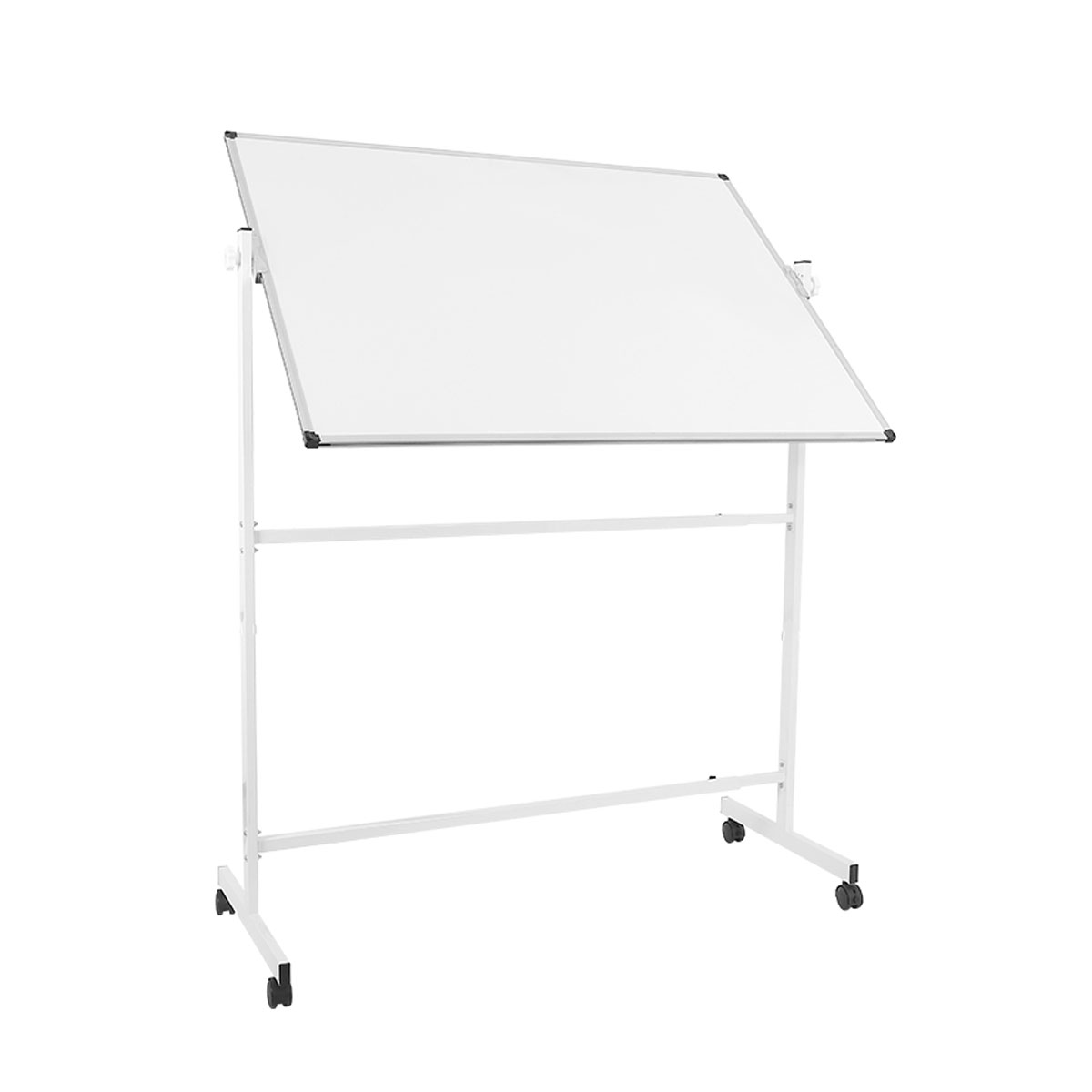 Ein weißes Whiteboard auf einem Rollständer mit silbernem Rahmen.