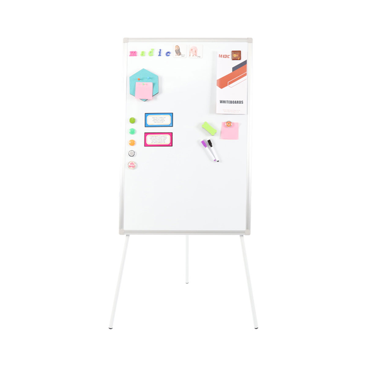 Ein weißes Whiteboard auf einem dreibeinigen Ständer mit Notizen und Markern.