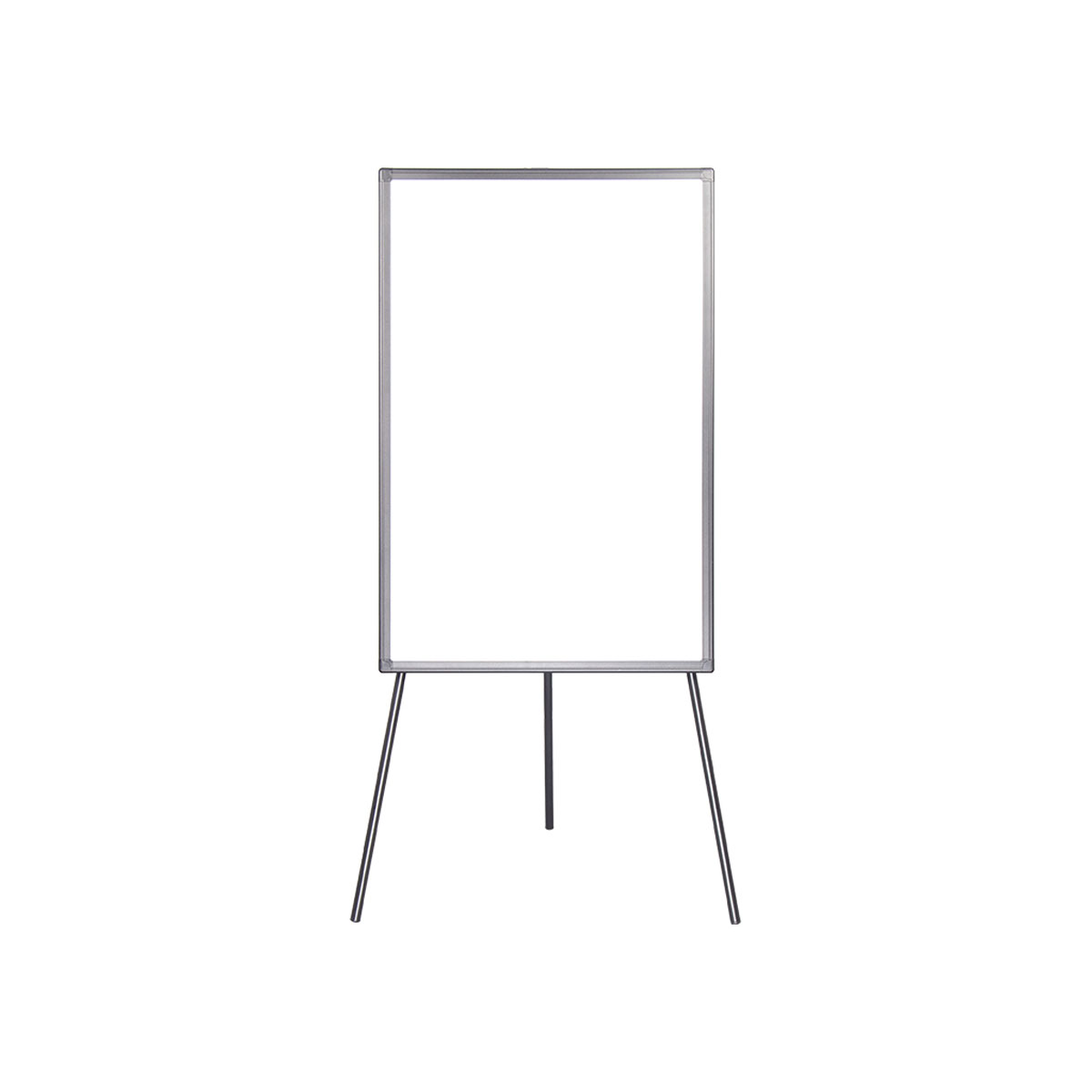 Ein leeres Whiteboard auf einem dreibeinigen Ständer, isoliert auf weißem Hintergrund.