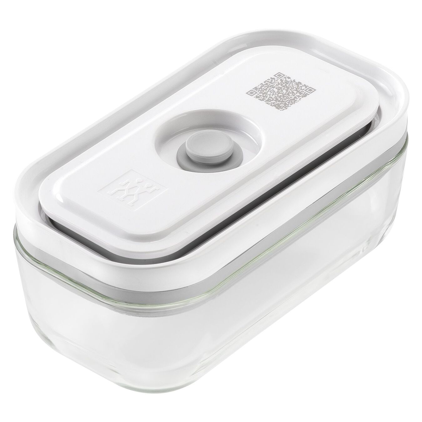 Un contenitore rettangolare in vetro con coperchio bianco e codice QR.