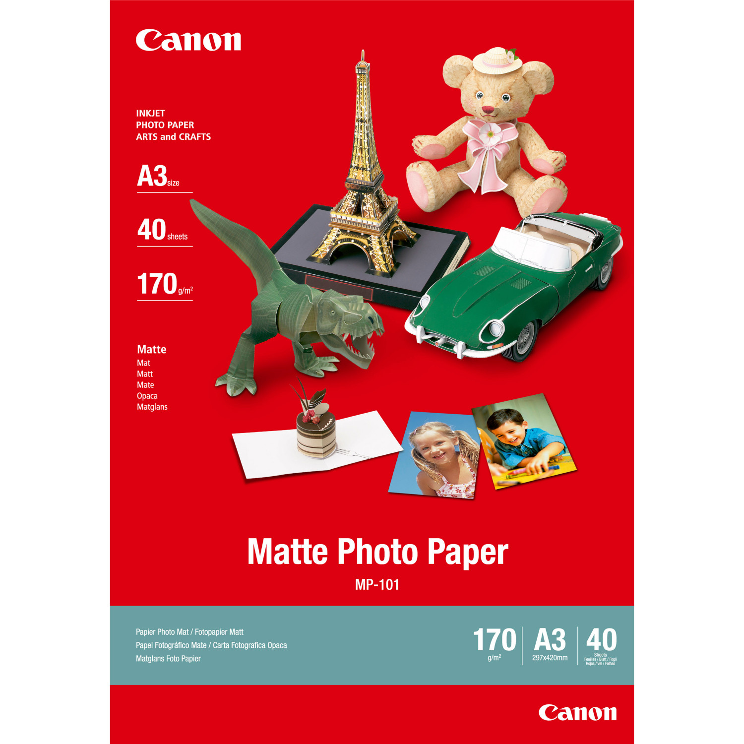 Carta fotografica Canon: Torre Eiffel giocattolo, orsacchiotto, auto, dinosauro, torta.