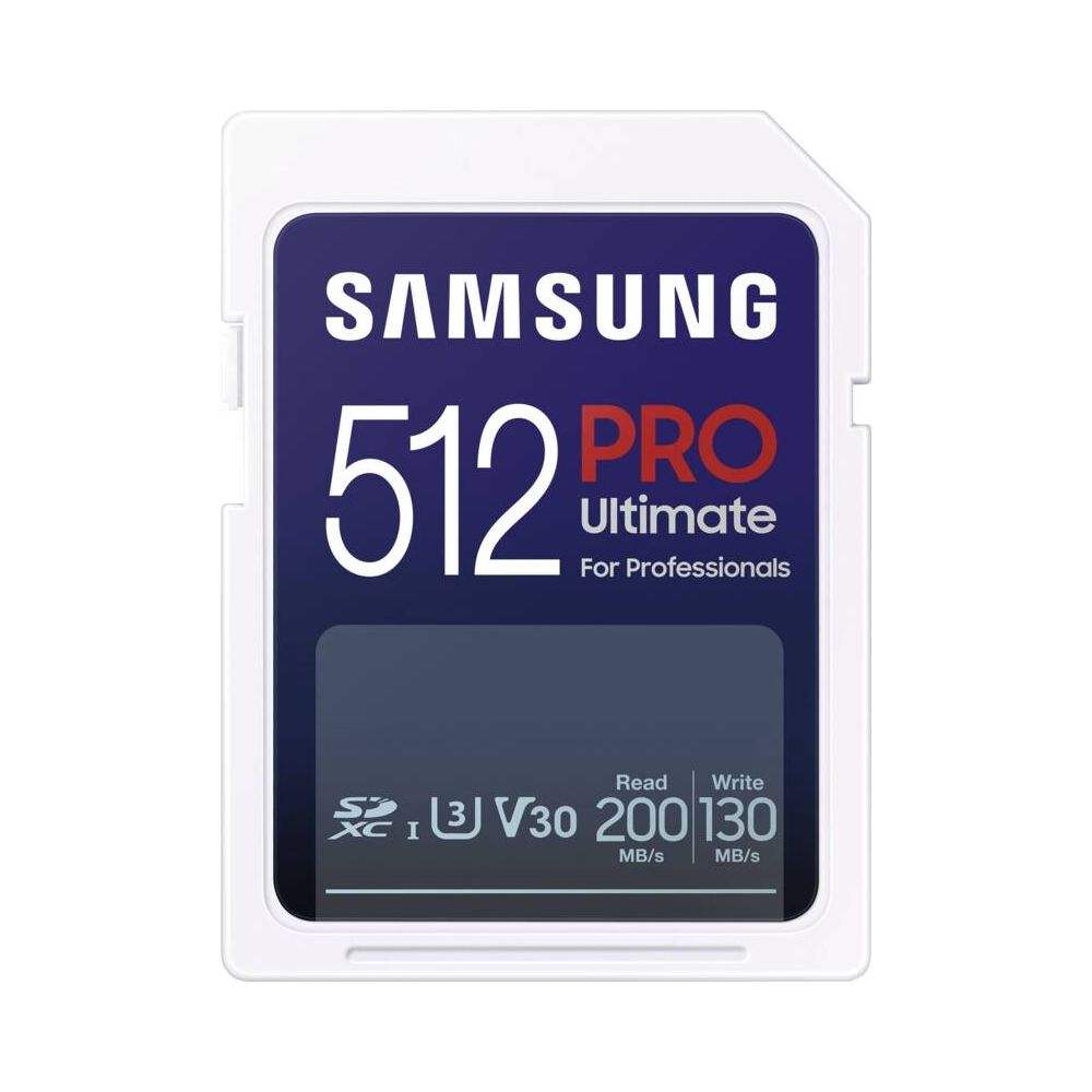 Samsung 512 GB Pro Ultimate SD card with 200 MB/s read speed.
