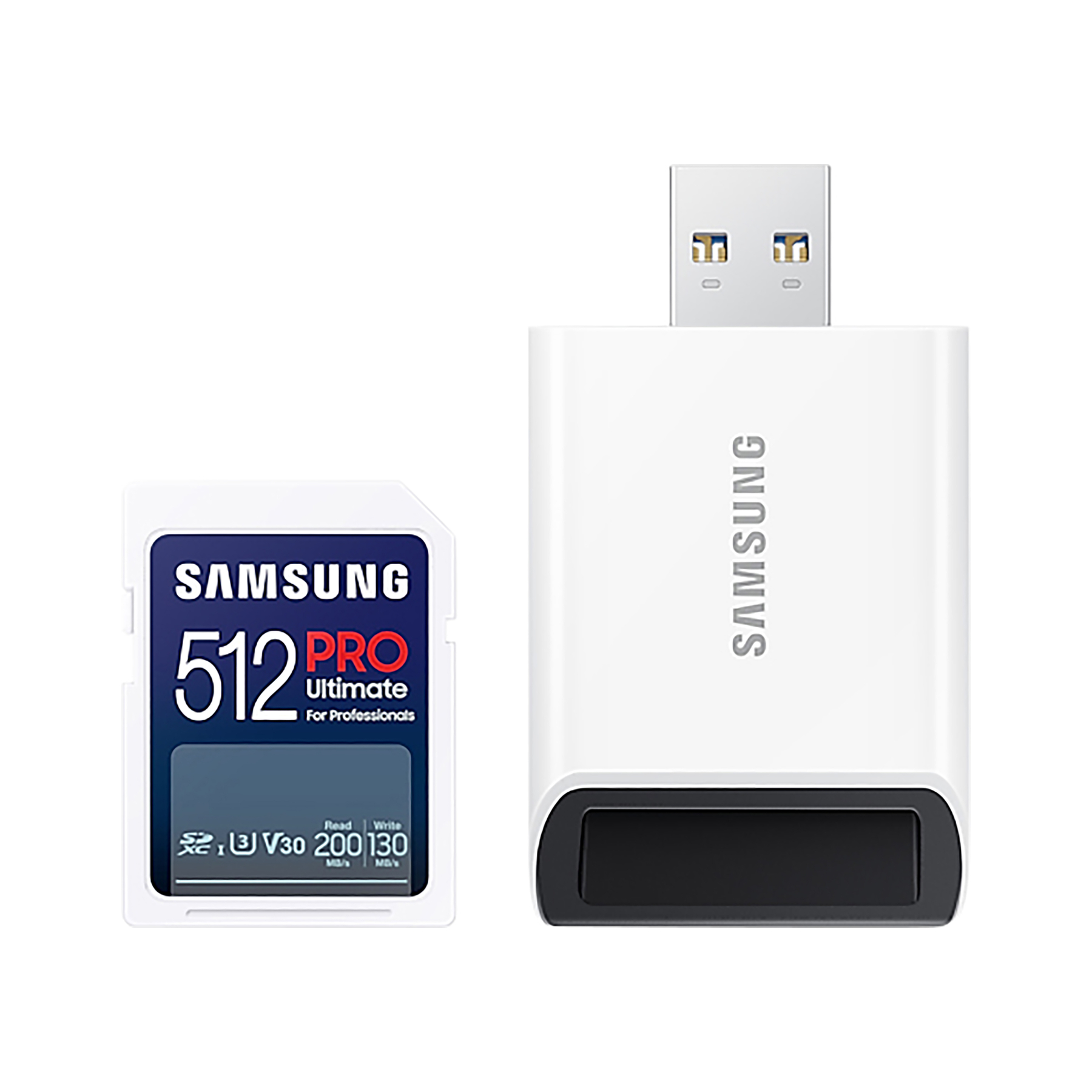 A white USB card reader next to a Samsung 512GB PRO Ultimate SD card.