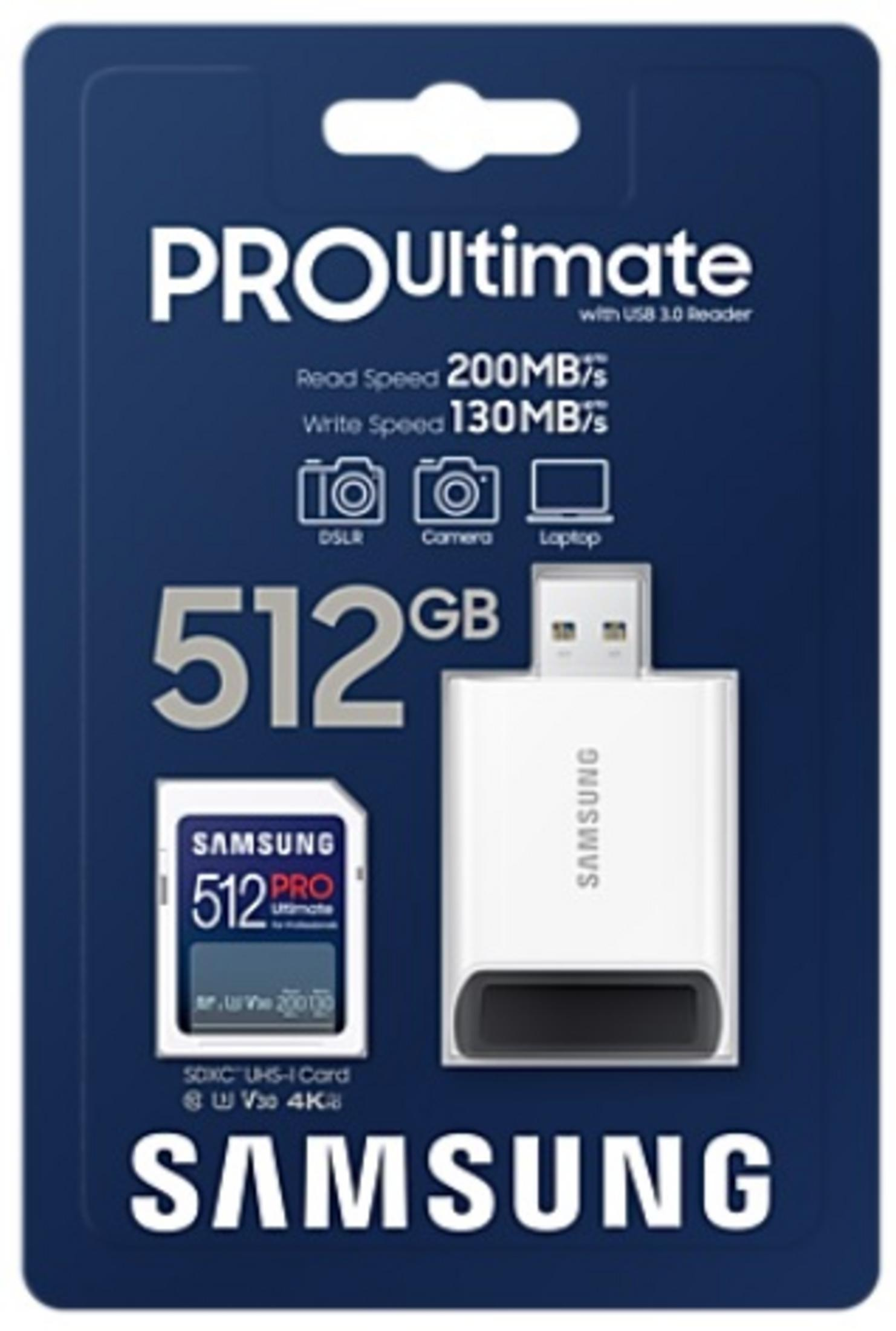 Samsung PRO Ultimate 512GB memory card and USB 3.0 reader.
