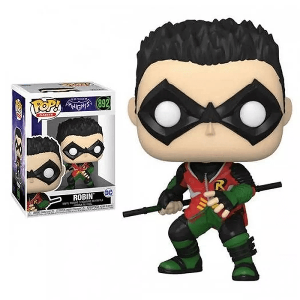 Figura de vinilo Funko Pop de Robin de Gotham Knights, sosteniendo un bastón.