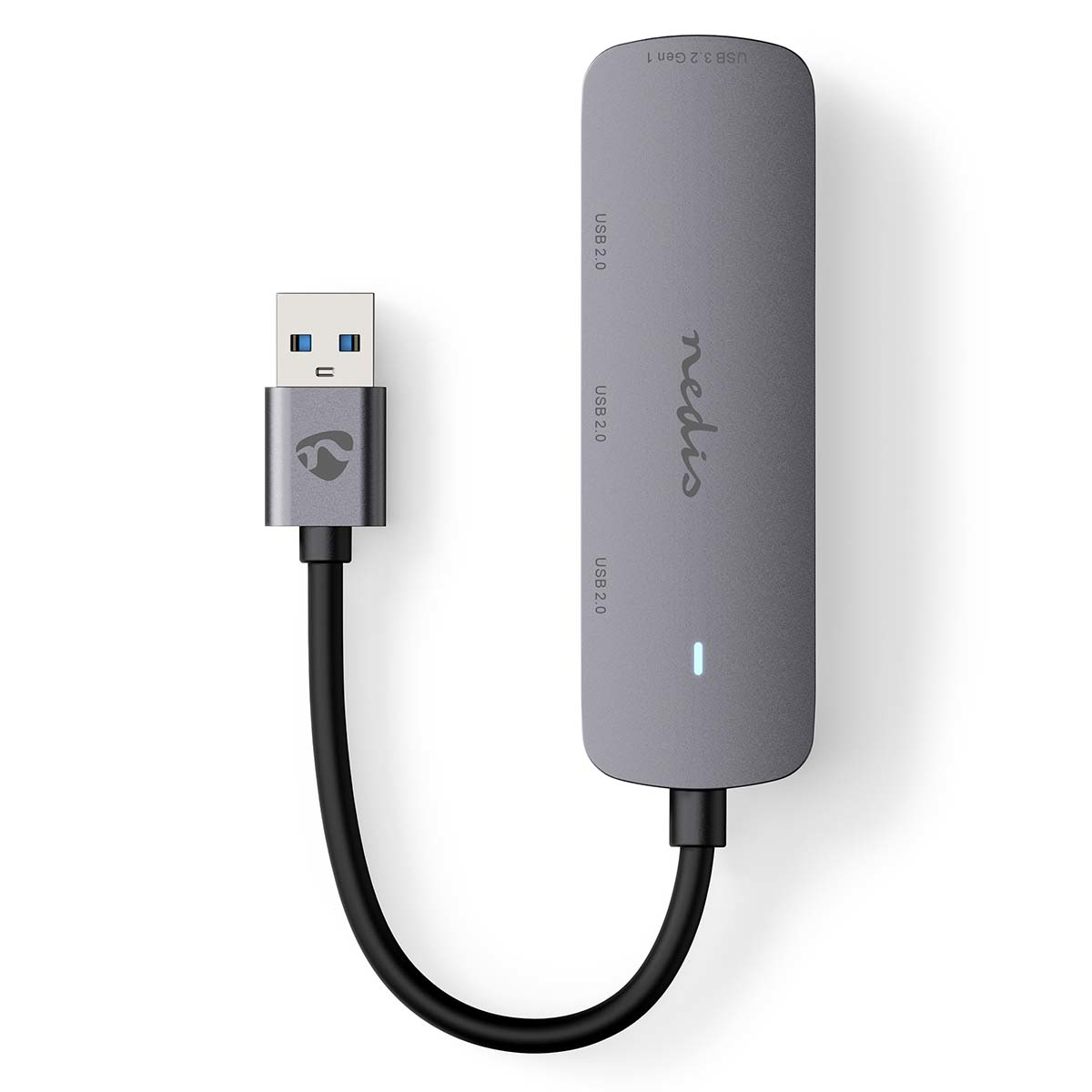 Hub USB grigio con tre porte USB 2.0 e un cavo USB 3.2 Gen 1.