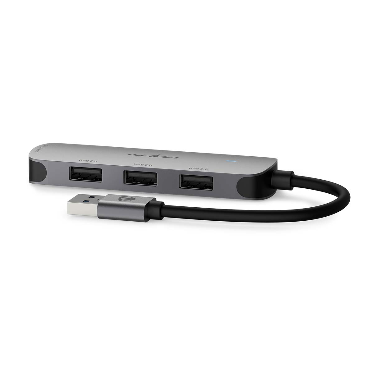 Hub USB grigio con tre porte USB 2.0 e un cavo.
