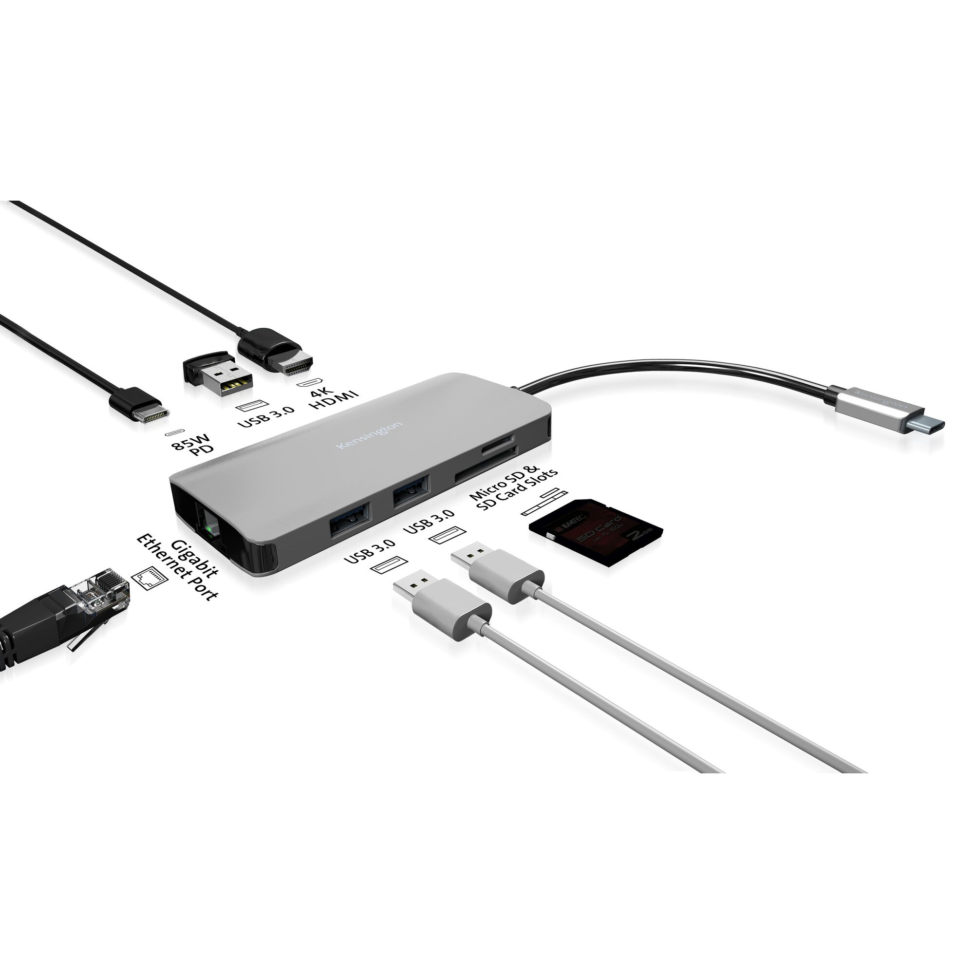 Hub USB-C gris con Ethernet, HDMI, USB 3.0, ranuras SD/MicroSD y cables.