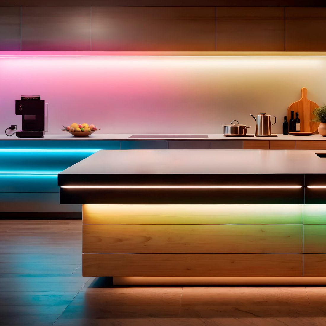 Cucina moderna con isola, macchina da caffè, ciotola di frutta, pentole, bottiglie e illuminazione LED colorata.