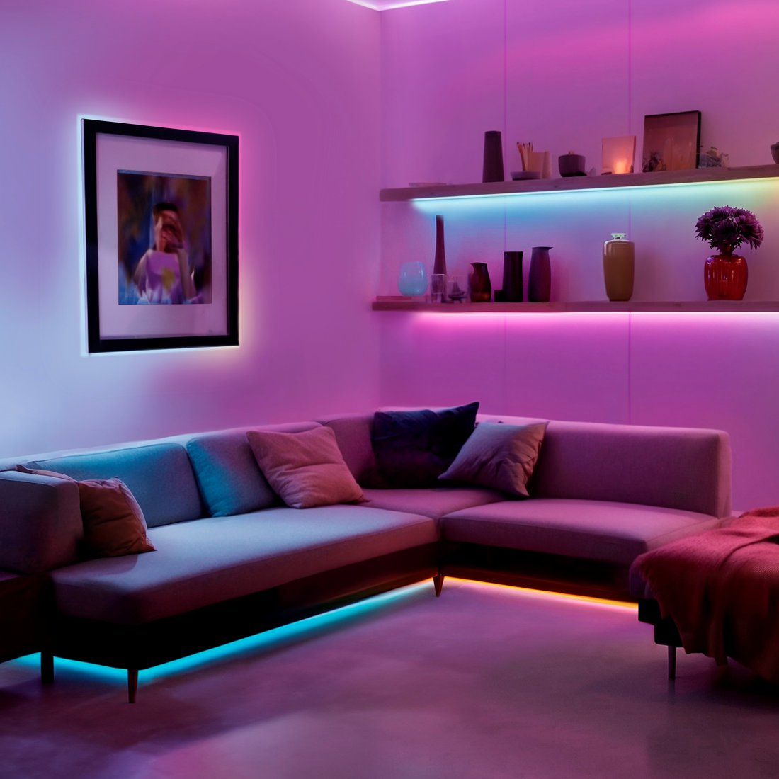Un divano angolare in una stanza con illuminazione colorata. Un quadro incorniciato è appeso al muro.
