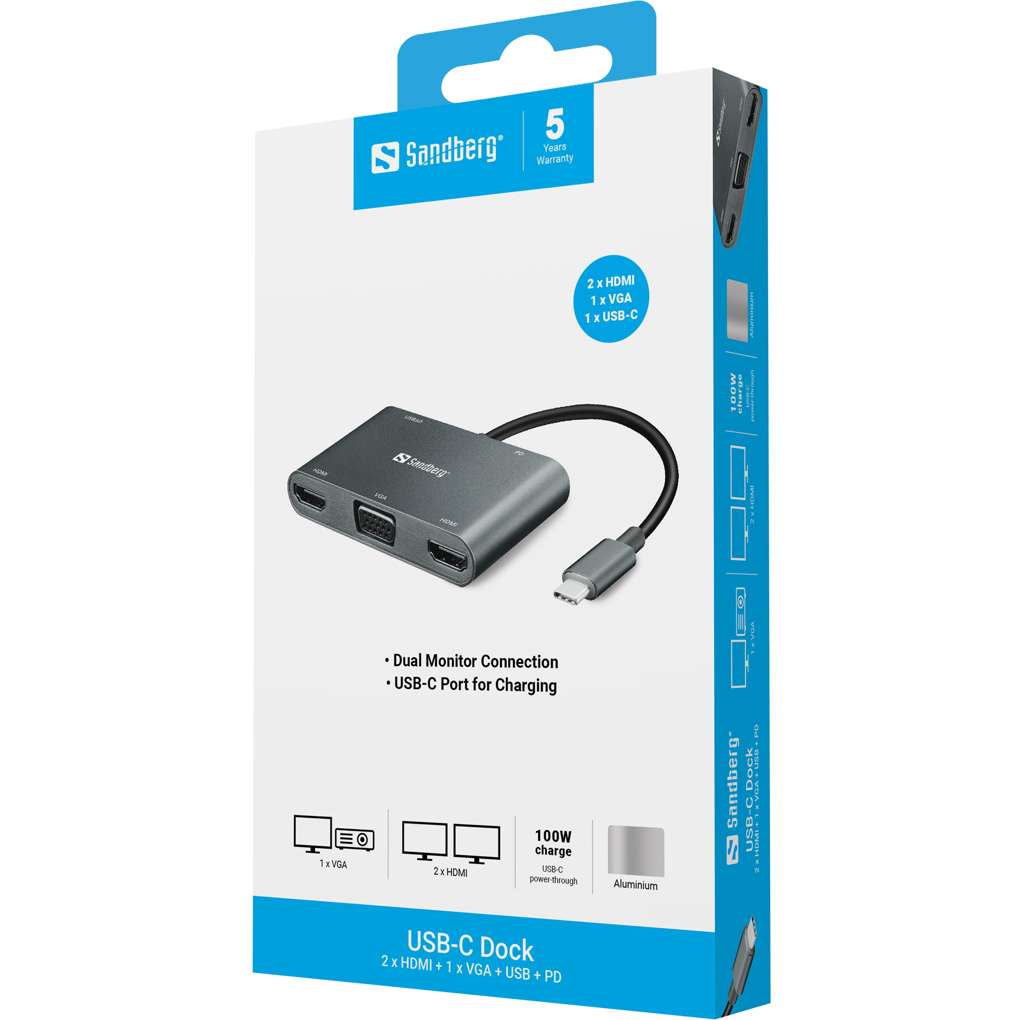 Dock USB-C Sandberg con 2 HDMI, 1 VGA, 1 USB-C e ricarica da 100W.