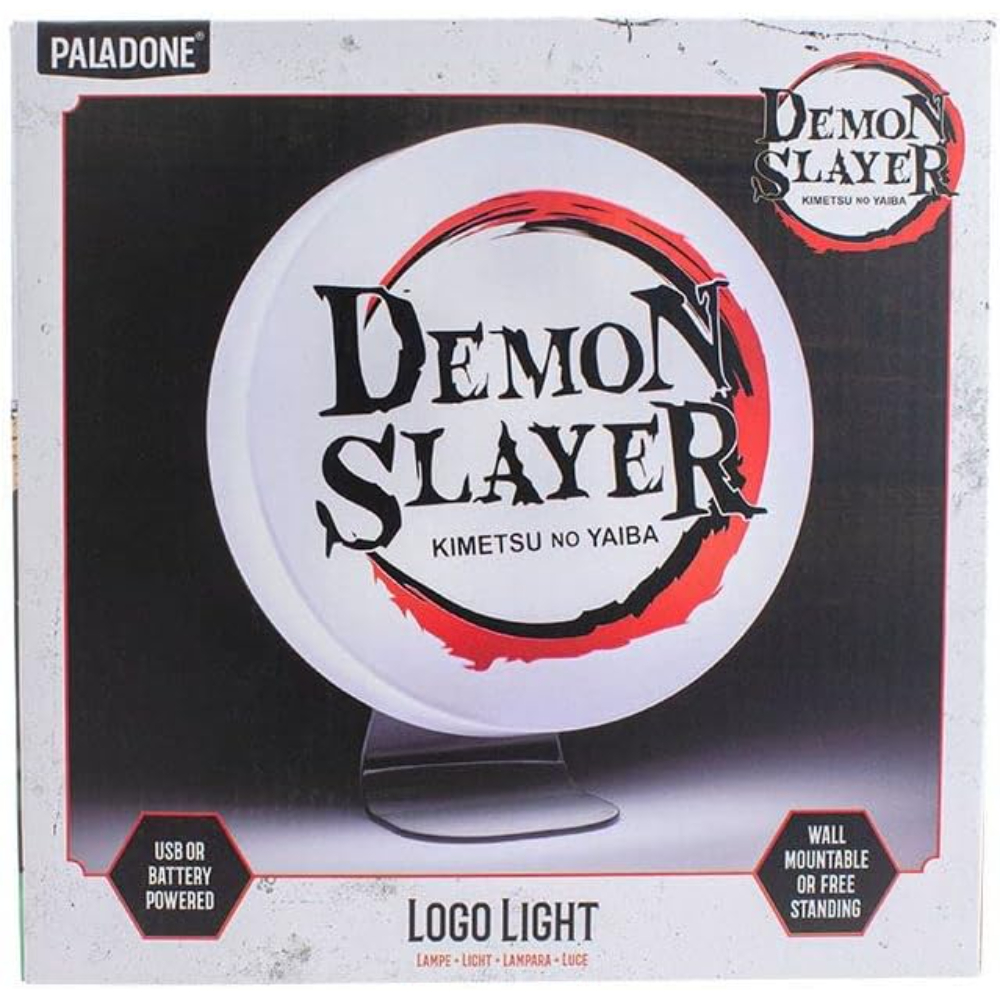 Luce logo Paladone Demon Slayer, rotonda, bianca con scritte nere.