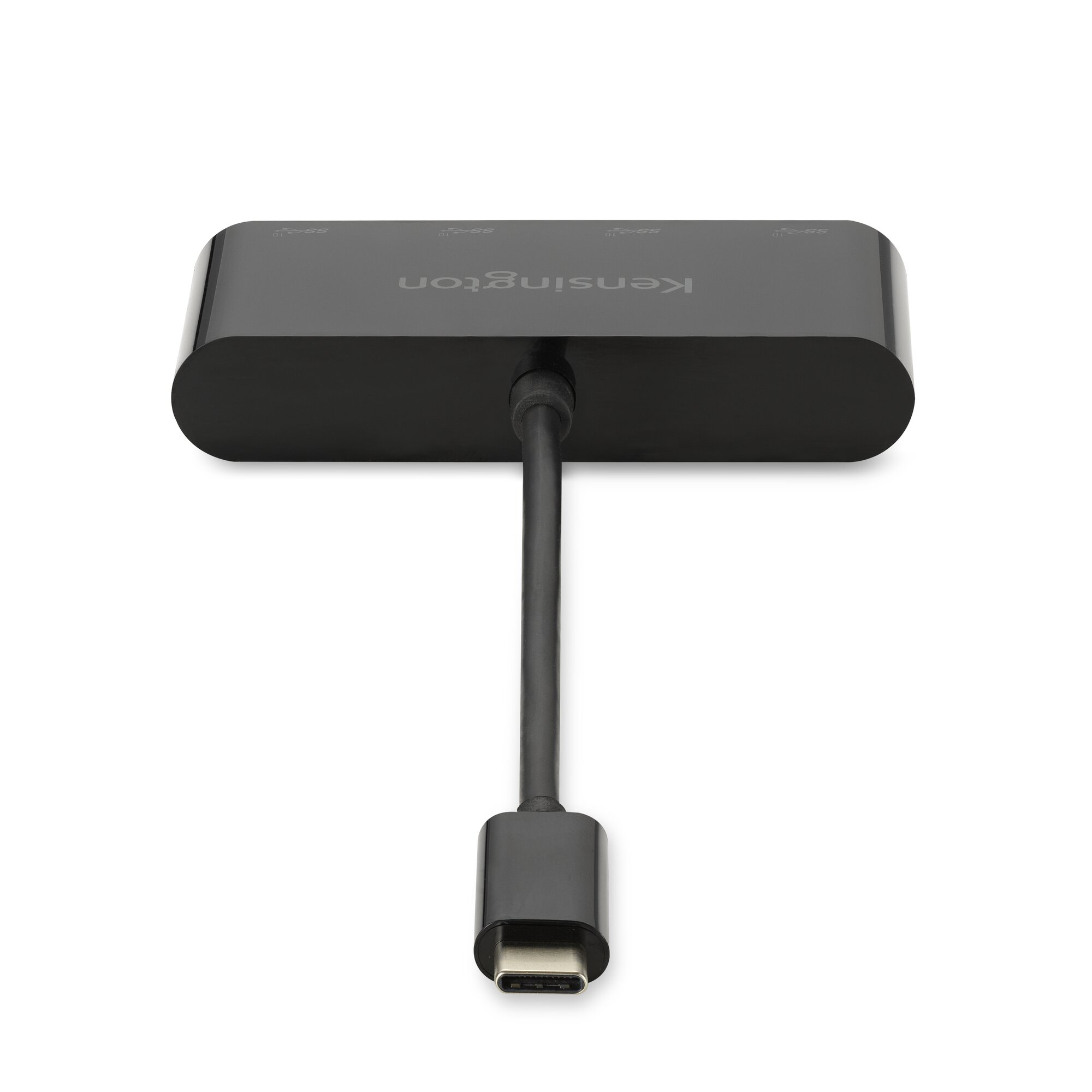 Schwarzer USB-C-Hub mit Kensington-Logo und SS10-Anschlüssen.