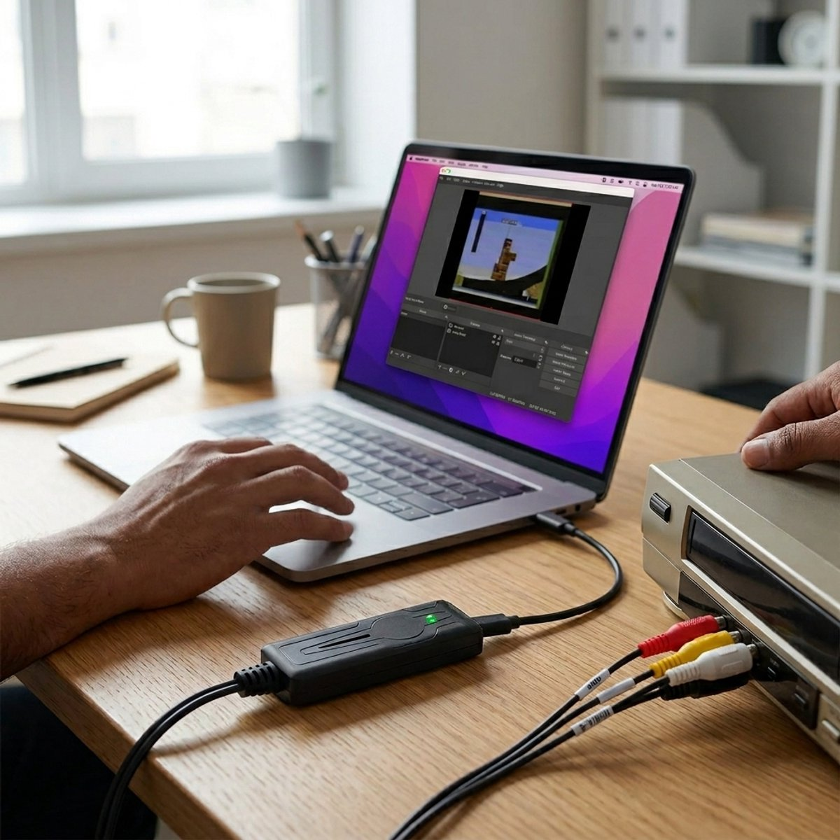 Een persoon gebruikt een laptop die is aangesloten op een video-opnameapparaat en een videorecorder om op te nemen.