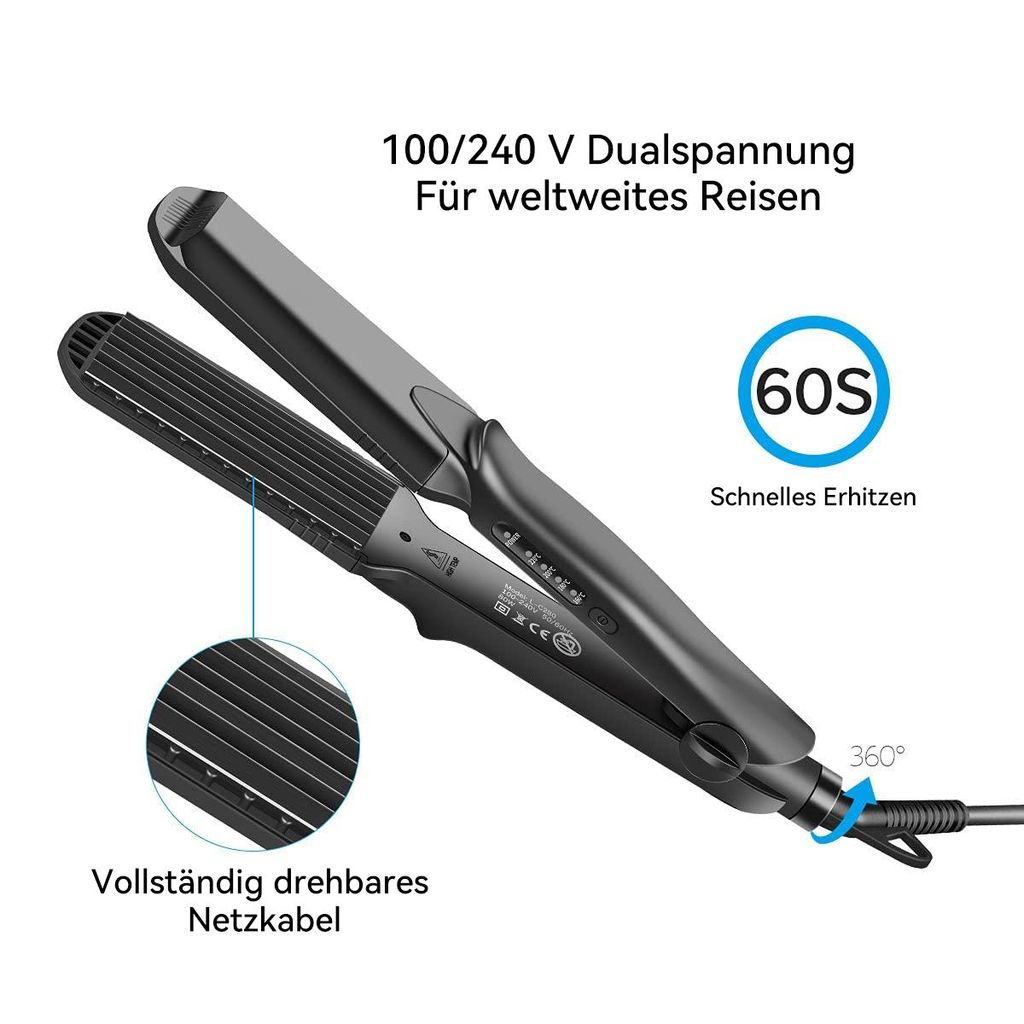 Schwarzer Glätteisen mit 60s Aufheizzeit, 360 Grad Kabel und Dualspannung.