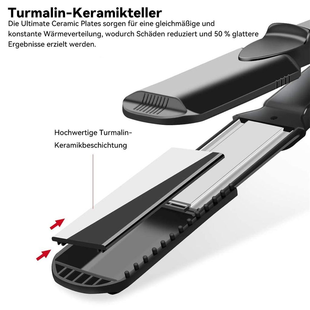 Haarglätter mit Turmalin-Keramikplatten und detaillierter Ansicht der Beschichtung.
