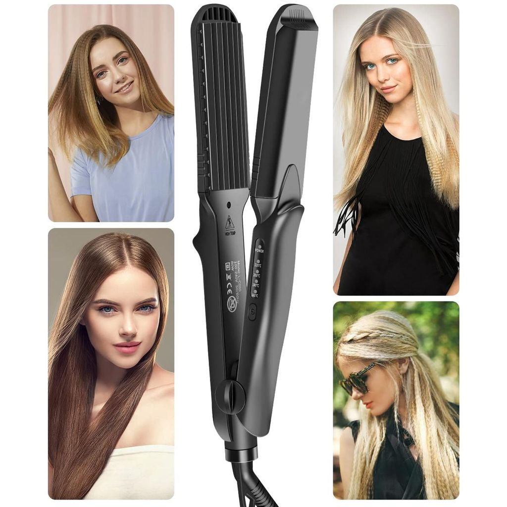 Schwarzer Haarglätter mit vier Frauen, die verschiedene Frisuren tragen.