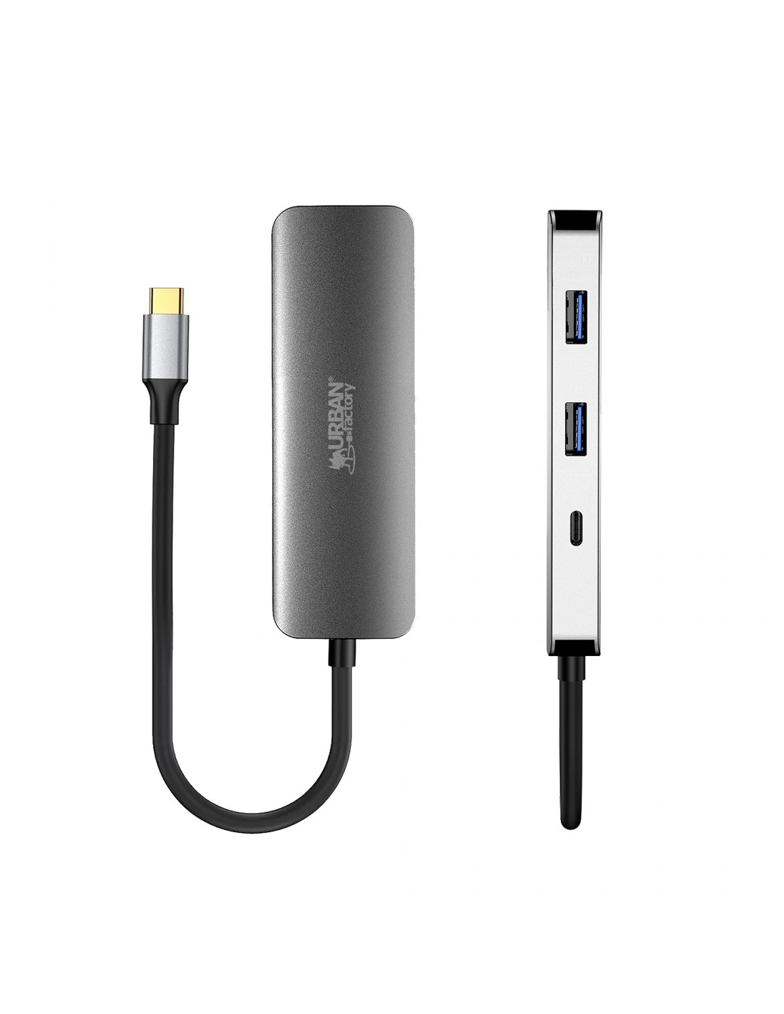 Hub USB-C grigio con due porte USB-A e un cavo.