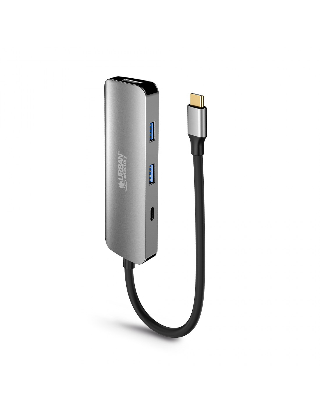 Hub USB-C argento con due porte USB-A, una porta USB-C e un connettore USB-C.